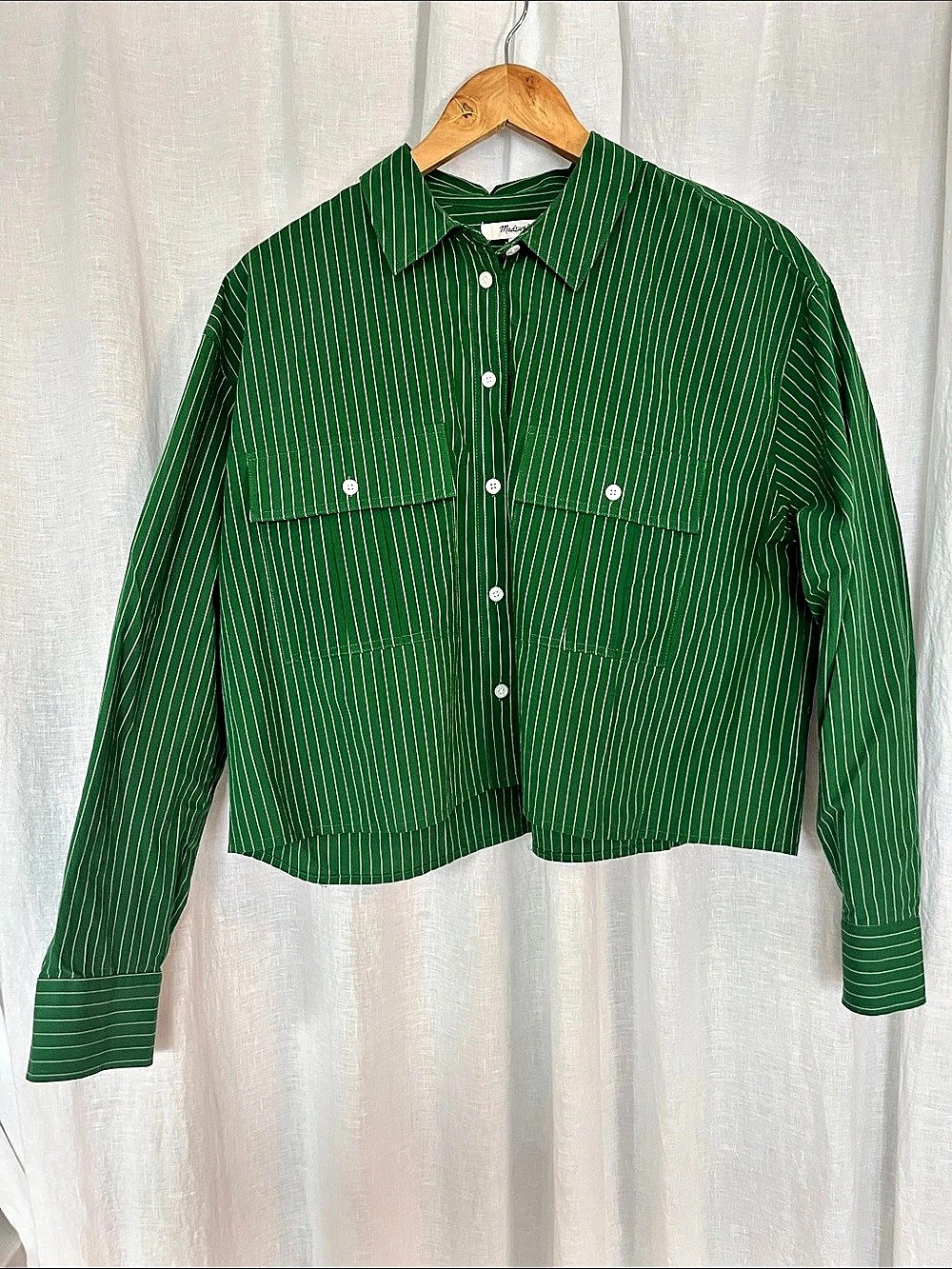 Madewell Striped Cropped Shirt Green & White Small